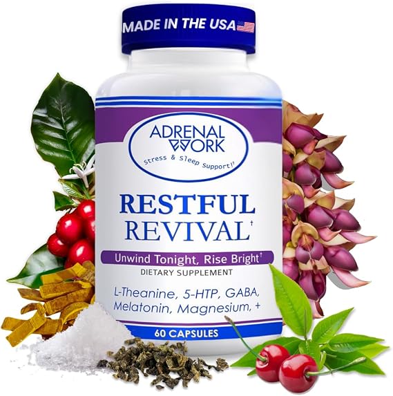 Relax with Restorative Sleep Capsules - L Theanine 400mg, GABA, 5 HTP, L Tryptophan, Magnesium for Sleep & Mood Support Supplement, Natural Sleep Aids for Adults, 60 Organic Capsules
