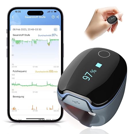 O2 Ring Pulsoximeter für kontinuierliche Überwachung Schlafoximeter Fingertip mit Alarm Bluetooth Sauerstoff Oxymetergerät für O2 sauerstoffsättigung und Herzfrequenz APP und Berichte