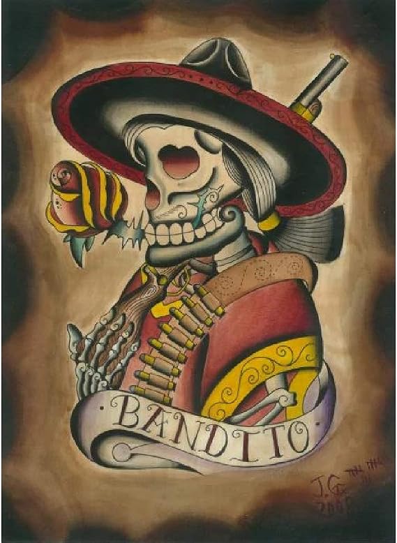 Bandito by Joshua Gargalione Mexican Western Tattoo Skeleton Rolled Canvas Art