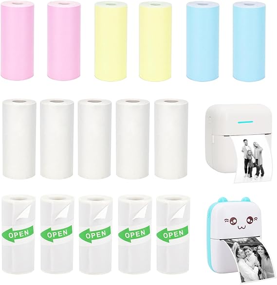 16 Rolls Mini Printer Paper, Including 5 White Sticker, 6 Colored Plain, and 5 White Plain Paper Rolls for Mini Thermal Printer, 57x25 mm, Compatible with Most Pocket Printers