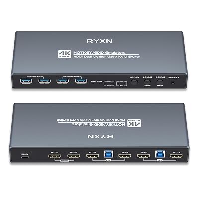 HDMI KVM Switch 2 Monitors 2 Computers, 4K HDMI Matrix Switch 2x2, Support HDMI2.0, USB3.0, 4K@60Hz, 2K@144Hz120Hz, 1080P@240Hz, EDID Emulators, Hotkey Switch, ExtendedCopyCross Display