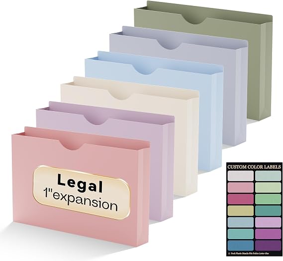Plastic File Jackets Legal Size,Upgrade Color,12 Pack Manilla Pocket Folders,1 Inch Expanding File Folde for Documents,Heavy Duty Expansion Pocket