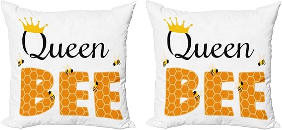 Lunarable Bug Decorative Throw Pillow Case Pack of 2, Queen Bee Big Lettering Design with Bees Buzzing Honeycomb Bumble Creature, Couch Bedroom Living Room Cushion Cover, 24", Orange Charcoal Grey