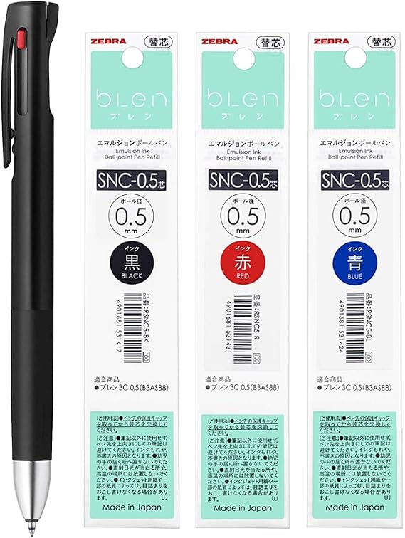 Zebra Blen 3C Multi Ballpoint Pen, Fine Point 0.5mm, Body Body & 3 Colors Refill Set(Black, Red, Blue) & monoc Sticky Note(Japan Import)
