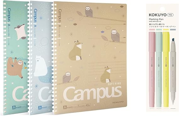 KOKUYO 3 Pack Spiral Notebook, Cute Campus B5 Subject Notebooks with Dotted Rule, 40 Sheets & KME 4 Pack 2-Way Soft Color Highlighter, Taupe Rose, Fragaile Mint, Moon Lime, Grayish Fog