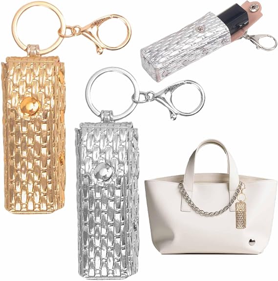 KuuGuu 2 PCS Lipstick Holder Keychain PU Leather Potable Chapstick Holder Fashionable Plaid Lip Balm Organizer Soft Travel Storage Case Snaps Lipstick Pouch for Chapstick Perfume Fingernail Polish