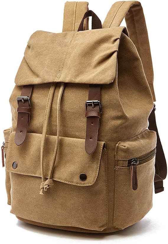 Canvas Backpack Vintage Rucksack Schoolbag for Laptop Daypack Hiking Travel Large Capacity Bag Unisex (Khaki)