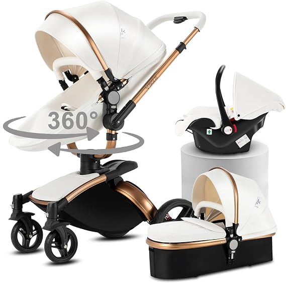 Magic ZC PU Leather 3 in 1 Pushchair Pram Travel System, Baby Stroller 3 in 1 with 360° Rotatable Seat, Newborn Infant Buggy with Aluminum Frame, Toddler Carriage with One-Click Folding (906 White-1)