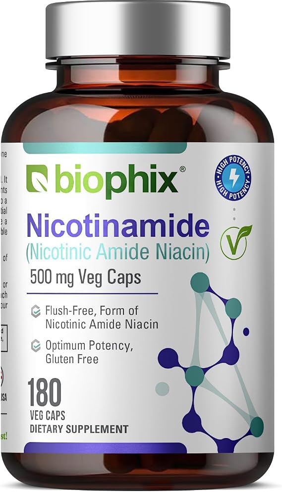 biophix B-3 Nicotinamide 500 mg 180 Vcaps - Nicotinic Amide Niacin Natural Flush-Free Vitamin Formula - Supports Skin Cell Health