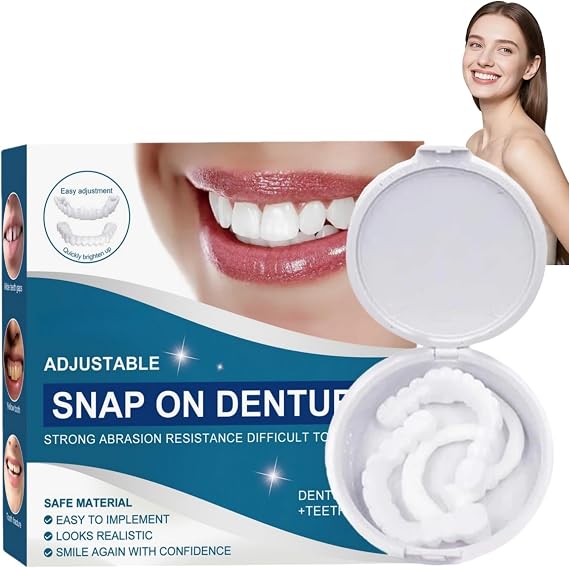 1 Pair Adjustable Snap-On Dentures - False Teeth Top & Bottom Set,Clip in Veneers Teeth with Silicone Reline,Temporary Fake Braces & Instant Smile Repair Kit for Men/Women,Silicone Reline Denture Set