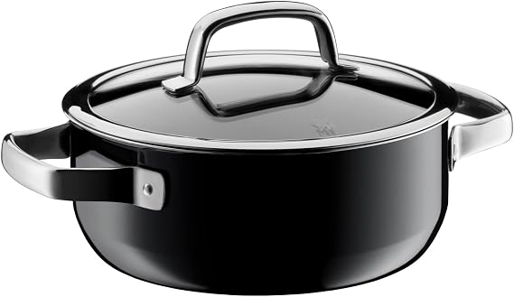 WMF VM F Two-Handled Shallow Pot 8 inches IH and Gas Compatible Waterless Cooking Natural Mineral Material "Fusion Tech Mineral Low Casserole BL Black" Made in Germany W0514555290