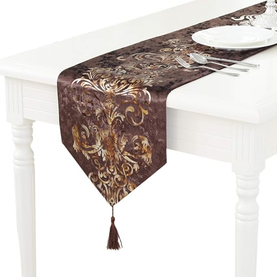 Brown Table Runner 13x70 inches, Polyester Fabric Dresser Scarf, Classic Hot Stamping Table Runner with Tassels for Farmhouse Kitchen, Dinner Holiday Parties, Wedding, Events, Home Decor