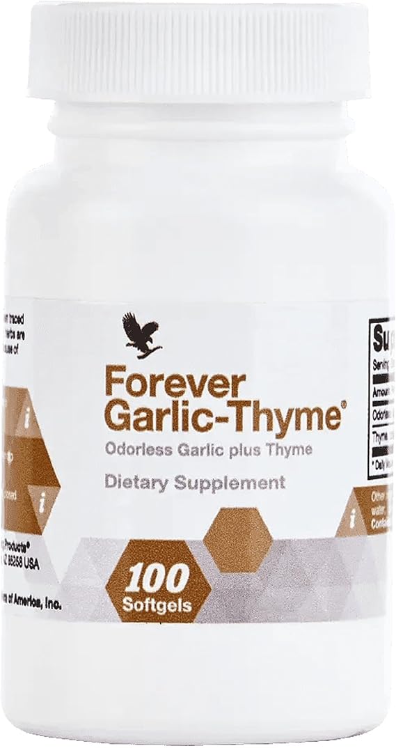 Forever Living - Forever Garlic-Thyme - 100 Softgels | Contains 10 Mg Garlic Extract, 50 Mg Thyme Leaf Powder, Odorless Gluten-Free Softgels, For Daily Supplement Use