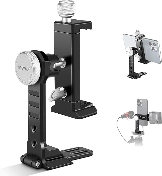 NEEWER Smartphone Tripod Mount Aluminum Alloy, 360 Rotatable Phone Stand | 2.6"-4" Wide Phone Stand Holder Clamp, Cold Shoe, Arca Base, Compatible with iPhone 15 Pro Max Galaxy S24 Ultra Pixel