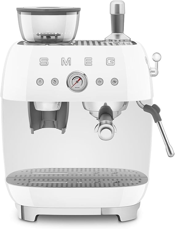 Smeg EGF03 Semi-Automatic Espresso Machine with Built-In Grinder, Dual Thermoblock, 50s Retro Style White (120 V)