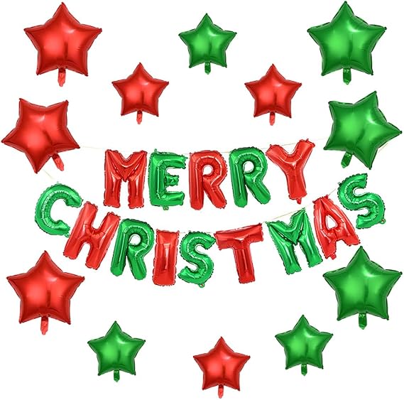 KALOR Merry Christmas Balloons Banner, 16 Inch Red and Green Foil Mylar Balloon 18 Inch Star Balloon Christmas Sign for Xmas Party Decorations
