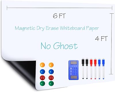 Takor Magnetic Whiteboard Paper, 48 x 71 Dry Erase Sheet, Self-Adhesive Backing, Stick Wallpaper Roll with Markers, Eraser and Magnets, Ideal for Home,Office,School4x6ft