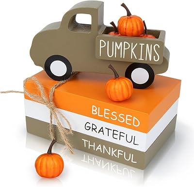 AKEROCK Fall Table Decor, Farmhouse Wooden Fall Signs with Book Stack, 3D Truck and 5 Individual Pumpkins for Tiered Tray, Coffee Bar, Shelf and Mantle Decor - Fall Decorations for Home