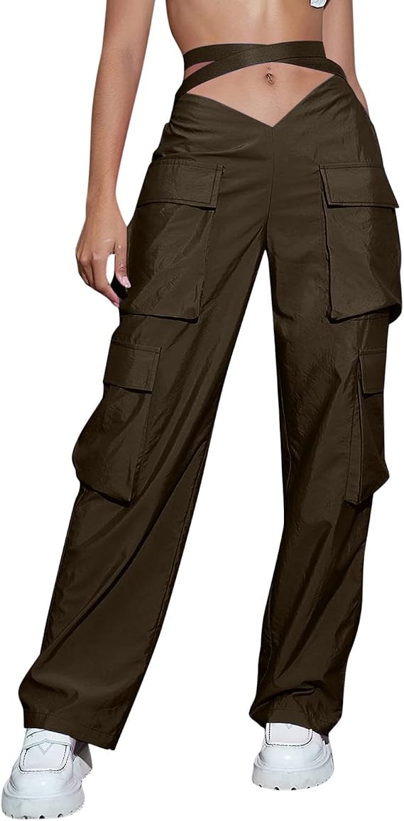 DASHadao Cargo Pants Women High Waisted Baggy Drawstring Y2K Fashion Pants Stretch Lace Up Wide Leg Straight Pants
