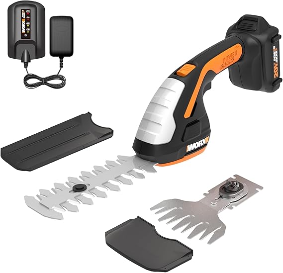WORX 2 in 1 Cordless Hedge Trimmer, 4" Grass Shear & 8" Shrub Trimmer with 2 Blades, Battery & Charger Included, WG801