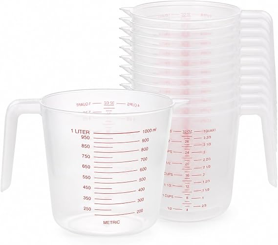 12 Pcs Plastic Measuring Jugs, 1 Litre Plastic Jug with Measuring Scale, Clear Plastic Measuring Cup with Handle for Cooking and Baking