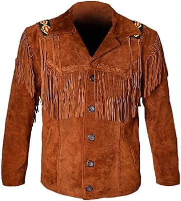 LEATHERAY Western Leather Jackets for Men Cowboy Leather Jacket and Fringe Beaded Coat Suede Leather shirt Tan Brown L