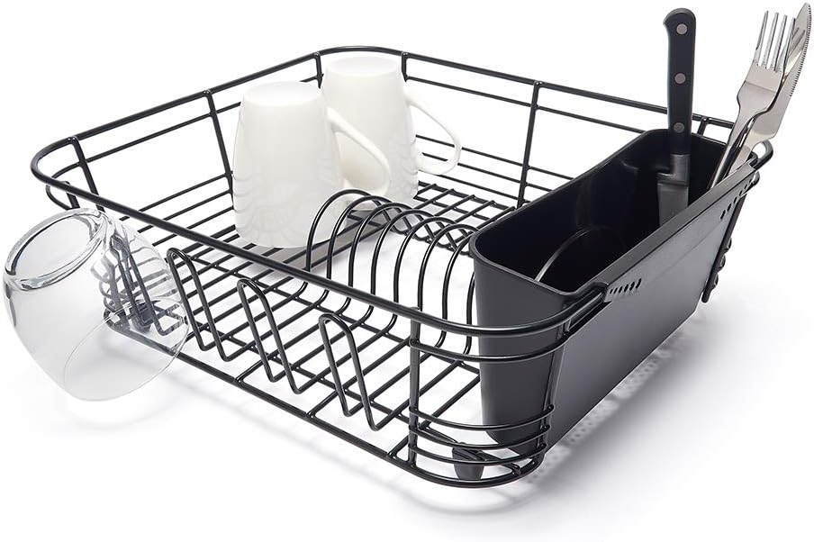 simplywire - Dish Drainer with Cutlery Basket and Glass Drying Hooks - Black Plastic Coated Steel