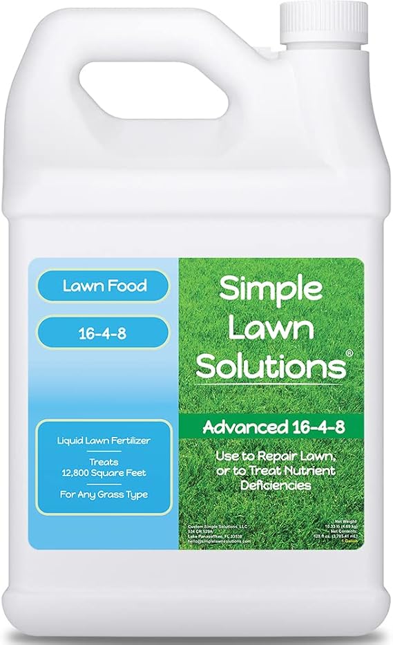 Advanced 16-4-8 Lawn Fertilizer - Liquid Lawn Food Spring & Summer Concentrated Spray - Any Grass Type- Fish and Seaweed Kelp- Balanced NPK - Simple Lawn Solutions (1 Gallon)