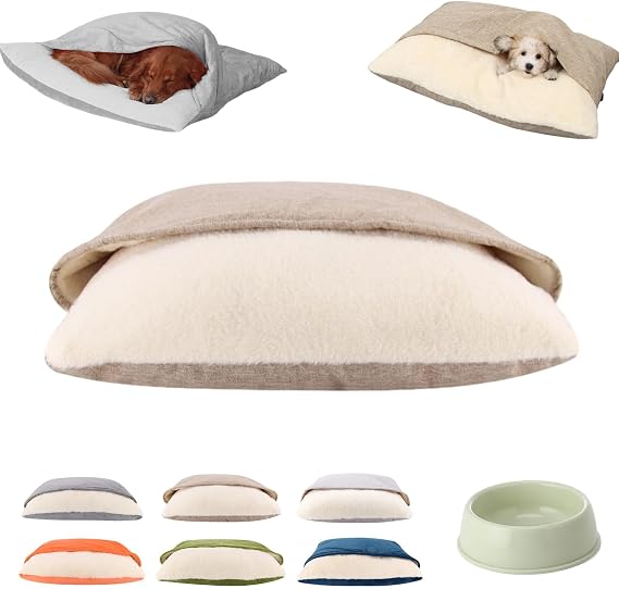 Snoozie Snuggle Burrow Bed, Snuggleburrow Calming Dog Cave Beds with Ultra-Soft Built-in Cover, Soft Plush Square Hooded Mats, Pet Sleeping Removable Washable Pad Bags for Pets (Brown, L)