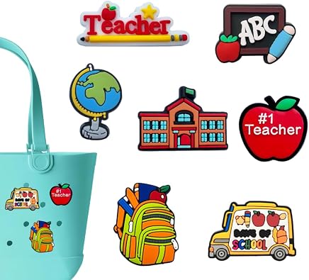 Teacher School Charms for Bogg Bag - Set of 7 PVC Rubber Inserts, Compatible with Bogg Bag Accessories, Beach Bag Charms Inserts Accessories for Women Girls