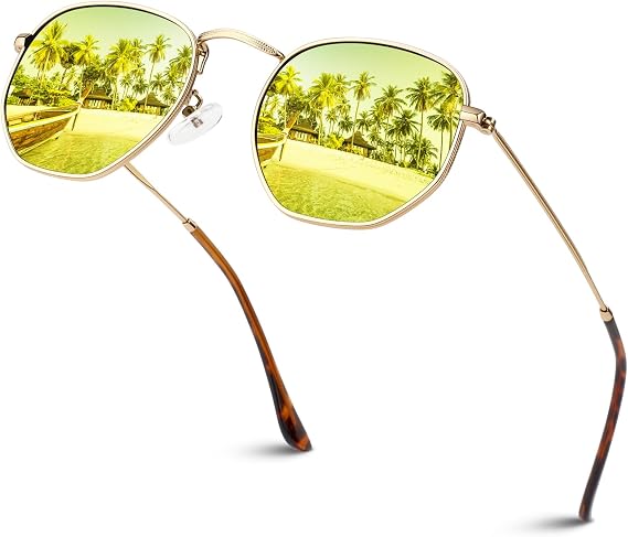 Sunier Polarized Sunglasses Womens Men, Trendy Hexagon Metal Sun Glasses, UV400 Protection Shades
