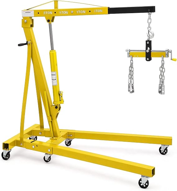 KYBOLT Engine Hoist with Lever, 2 Ton Folding Cherry Picker Shop Crane Hoist Lift, Heavy Duty Folding Shop Crane with 6 Casters, Engine Lift Lever for Engine Lift Loading, 4000Lbs, Yellow