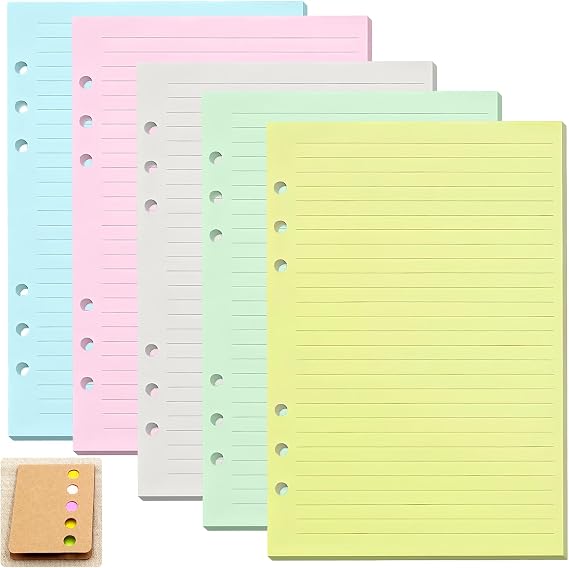 5 Pack A5 Binder Refill Paper, 100 Sheets Lined Filler Paper with 120 Sticky Notes, 6 Holes Loose Leaf Punched for A5 Notebook Binder Planner School Office, 5 Colours