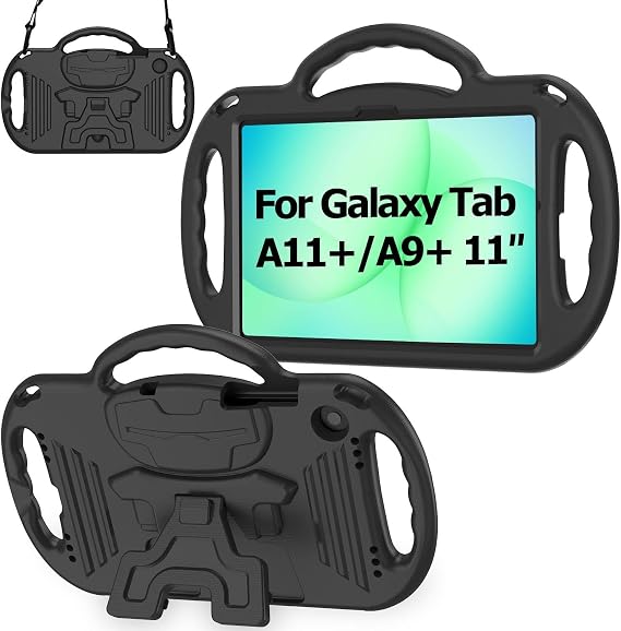AVAWO Kids Case for Samsung Galaxy Tab A11+ Plus/A9+ Plus 11 Inch Case, with Strap, Shockproof Lightweight Handle Stand 2025/2023 Model with Lanyard, Black
