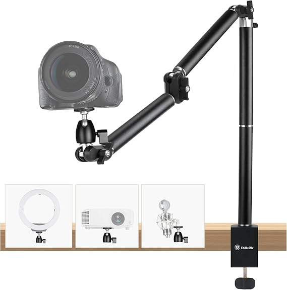 TARION Camera Desk Mount Overhead: Articulated Camera Arm Stand with Clamp 3/8'' 1/4'' Screws Adjustable Table Mount Flexible Gear Joints for DSLR, Phone, Projector TKA01-L (4 Sections)