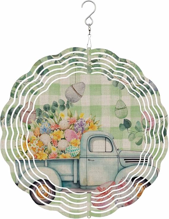 Easter Eggs Truck Spring Wind Spinners for Yard and Garden, Metal Wind Spinner Hanging for Outdoor Indoor, Green Buffalo Plaid Porch Garden Wind Sculptures Spring Summer Ornament Spinner 8inch(Round)