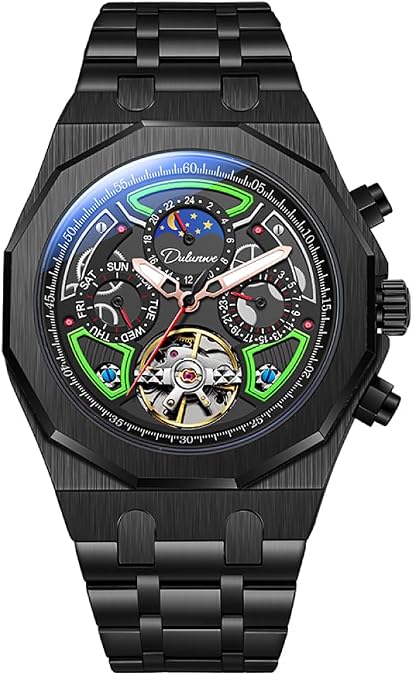 Men Sport Tourbillon Automatic Mechanical Watches Multifunction Dial Moon Phase Week Date Display Watch Stainless Steel Case Rubber Strap Luminous Watches