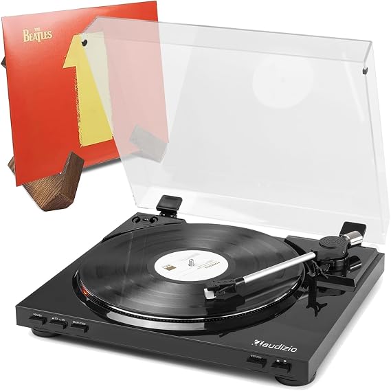 Audizio RP310 Black Vinyl Record Player with USB MP3 Digitiser & Retro Wooden Vinyl Holder Display Stand - Auto Return Turntable System for Home Audio 