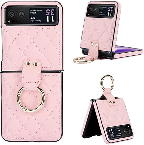 for Motorola Moto Razr 2023 Case with Ring Holder [Not fit Razr Plus 2023] Slim Premium PU Leather Moto Razr 2023 Phone Case Shockproof Hard PC Protective Case for Razr 2023 Pink