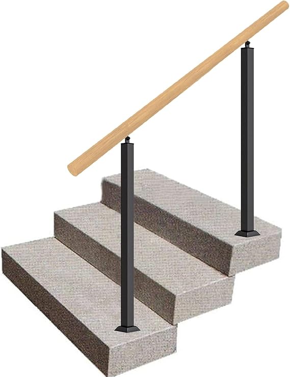 Wood Outdoor Grab Rail,Floor-Standing Staircase Railing Brackets Black Metal Wrought Iron Support,Adjustable Safety Hand Rail Support Bar,Easy Installation