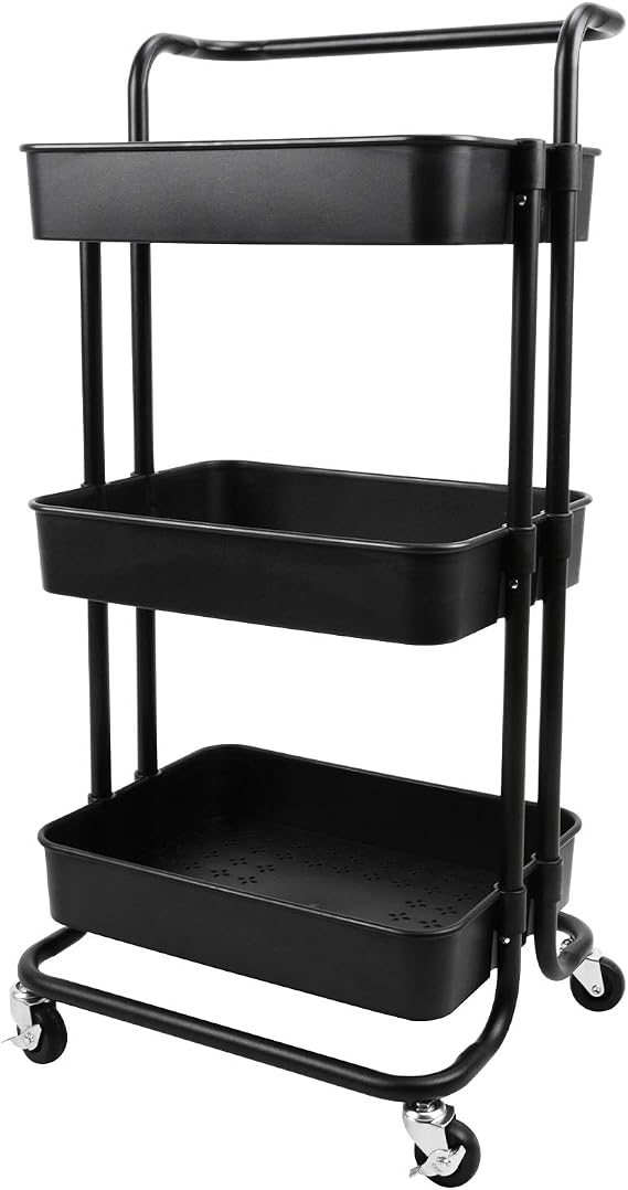 Voilamart Rolling Utility Cart Storage Cart 3-Tier Rolling Carts with Wheels Multifunction Organizer Trolley Cart with Mesh Basket Handles, Easy Assembly for Bathroom, Kitchen, Office (Black)