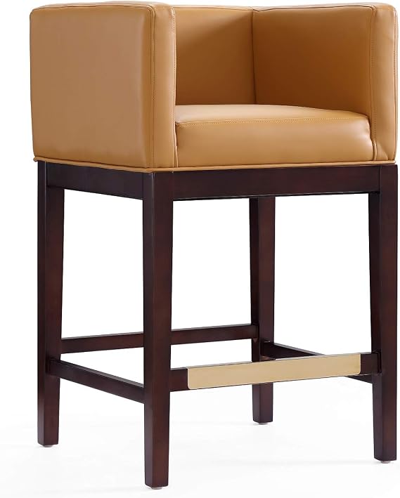 Manhattan Comfort Kingsley 26 Inch Modern Counter Height Bar Stools - Vegan Leather Padded Seat, Classic Club Chair Design, Beech Wood Base with Footrest, Fully Assembled Barstools, Set of 1, Camel