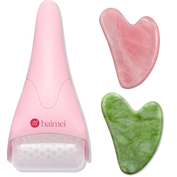 BAIMEI Ice Roller for Face and Rose Quartz Gua Sha Facial Tool, Face Massager Tool for Puffiness