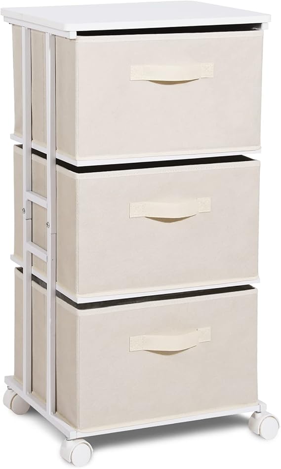 MAX Houser Dresser Tower with 3 Drawers for Bedroom, Fabric Storage Organizer Unit, Chest of Drawers with with WoodTop, Small Vertical Storage for Guest Room, Closet, Entryway(Beige)