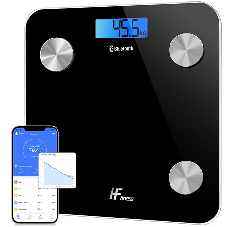 HomeFashion HFitness Large Smart Bathroom Scales for Body Weight, 28×28cm Bluetooth Body Fat Scale with 19 Body Composition Metrics, BMI, Muscle Mass & Bone Mass, iOS & Android App Black