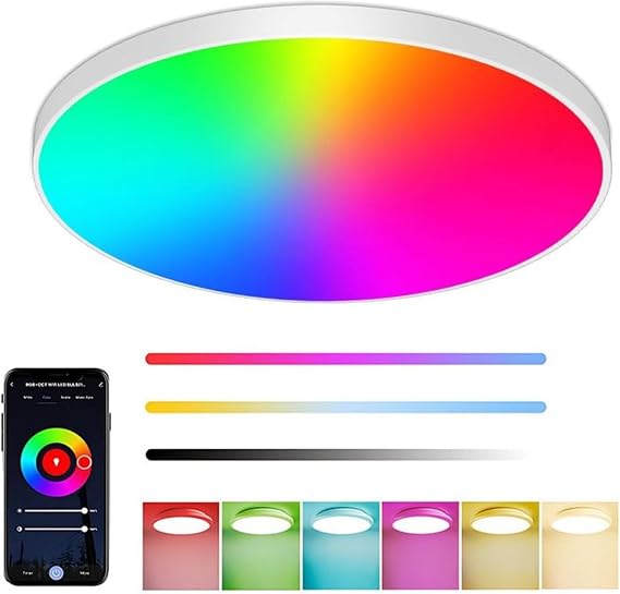 Smart LED Ceiling Light 30W, RGB + Adjustable White 2700K-6500K, 2000LM, Alexa & Google Compatible, Ø30cm, with/Without Remote Options (Without Remote) [Energy Class E]