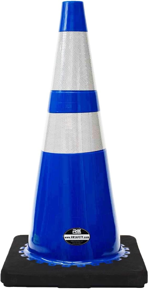 Traffic Safety Cone 28" Black Base with 6" and 4" Reflective Tape, Pack of 8, Blue