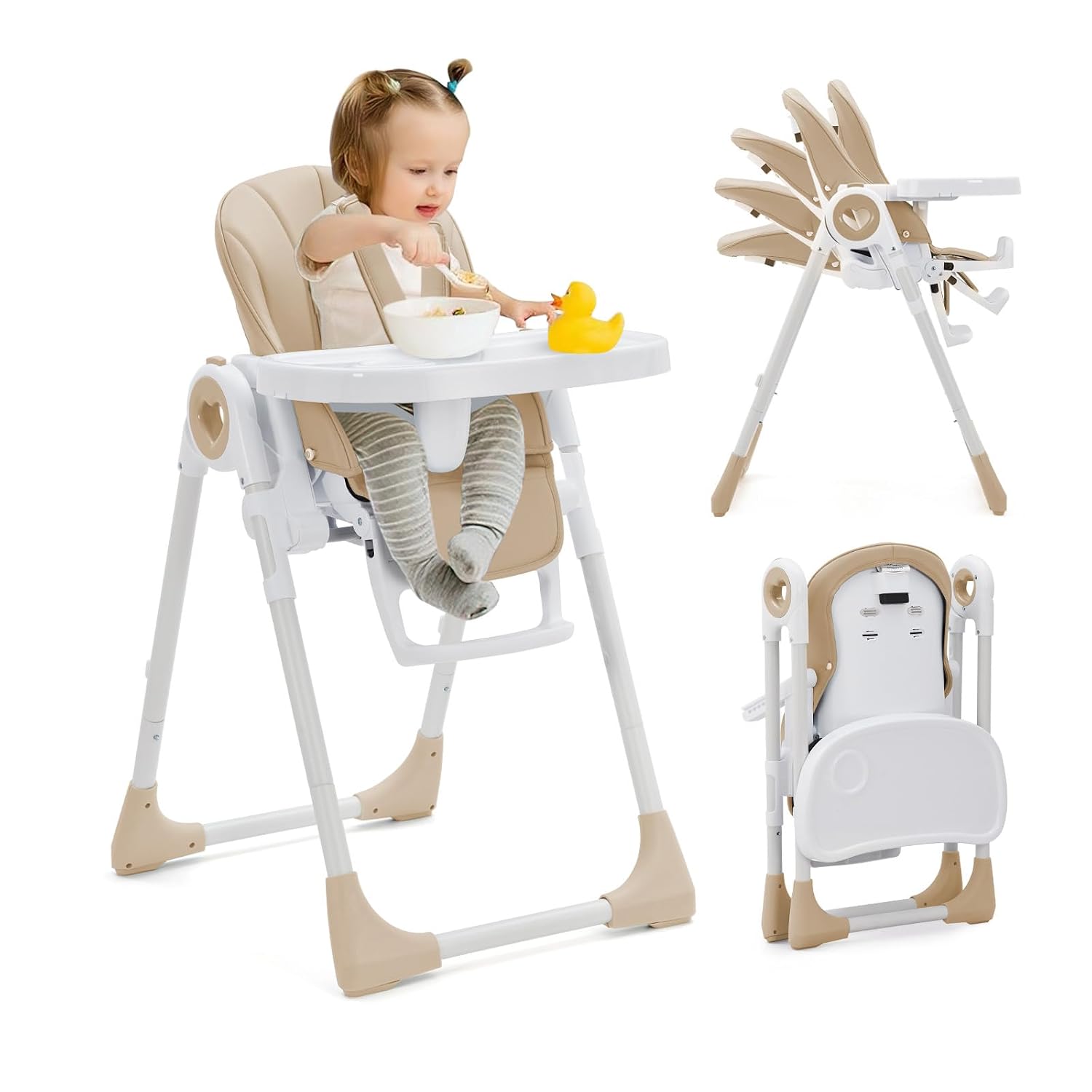 Foldable Baby High Chair with Adjustable Height, 5 Recline Positions & Removable Double Tray - Easy Clean, Space-Saving Infant Highchair for Toddlers, 5-Point Harness & Compact Design, Champagne_1