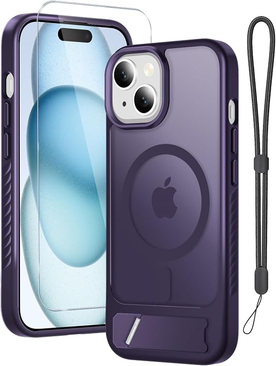 iPhone 15用携帯電話ケース、スクリーンプロテクター+ランヤードリストストラップ、磁気半透明マット頑丈なタフハードカバー内蔵インビジブルキックスタンド、MagSafe対応スリムフィット薄型、パープル