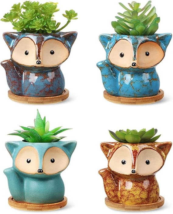 4 Pieces Cute Cartoon Fox succullent Planter Ceramic Fox Flower Pots with Drainage Hole and Bamboo Tray Ceramic Succulent Pots for Wedding Favors Home, Office, Desk Decoration